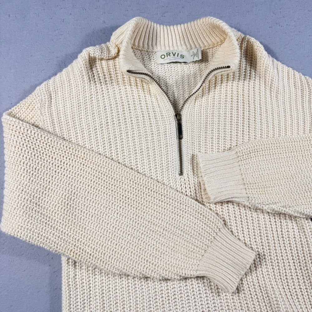 Orvis Mens Small Cream Cotton Shaker Knit Quarter Zip Sweater Made in USA